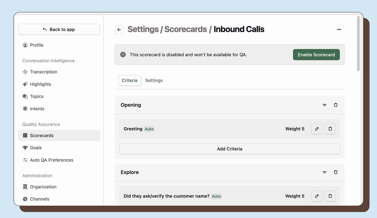 Scorecard criteria builder with sections and criteria